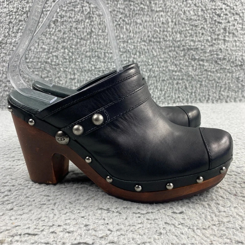 UGG Australia Jolene Heeled Clogs Black Leather Wood Shear Silver Studs Womens 7 - Picture 2 of 16
